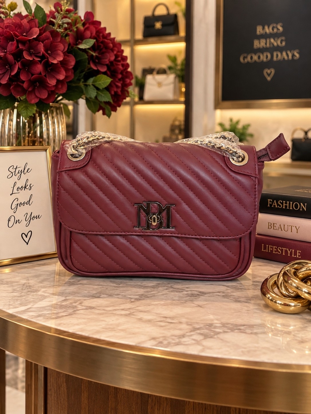 Badgley Mischka Quilted Shoulder Bag in Burgundy with Chain Strap